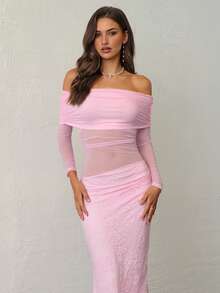 Aloruh 女士优雅露肩长袖蕾丝拼布修身派对连衣裙，粉色，女士生日连衣裙 - 淺粉色 - 查看 2