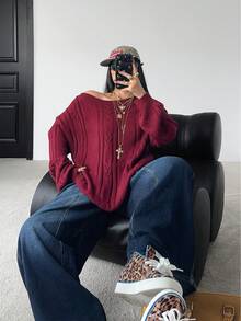 POPSWAY Christmas Plus Size Women Casual Street Style Oblique Shoulder Cable Knit Loose Pullover Sweater, Autumn/Winter - Red - View 3