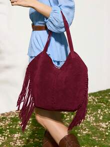 SHECARRY Túi xách nữ phong cách Boho bằng da lộn với viền tua rua - Màu nâu đậm, túi đeo vai dung tích lớn, thích hợp cho kỳ nghỉ, du lịch và sử dụng hàng ngày, túi đi biển thời trang rộng rãi, mẫu túi da lộn mới nhất dành cho nữ. - Màu Đỏ Sâu - Xem 2