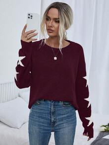 EMERY ROSE Women's Colorblock Five-Pointed Star Pattern Long Sleeve Casual Pullover Sweater - Maroon - View 6