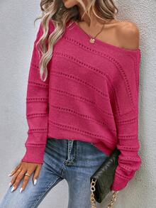 EMERY ROSE Women's Casual Dropped Shoulder Long Sleeve Pullover Sweater, Spring/Autumn - Hot Pink - View 7