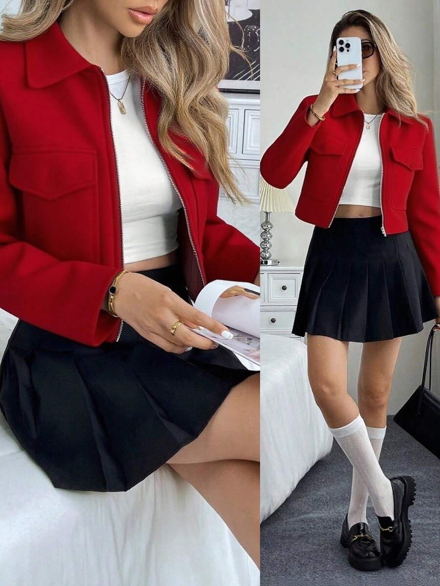 Chiquease Áo khoác nữ tay dài màu trơn cổ khóa kéo túi tiện dụng thường ngày, mùa thu - Đỏ - Xem 1