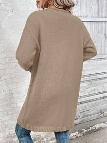 SHEIN LUNE 纯色中长款休闲开衫，秋冬 - 駝色 - 查看 2