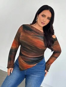 Firerie Plus Size Women's Elegant Romantic Tie Dye Print Long Sleeve Asymmetrical Hem T-Shirt,Fall Clothes For Women