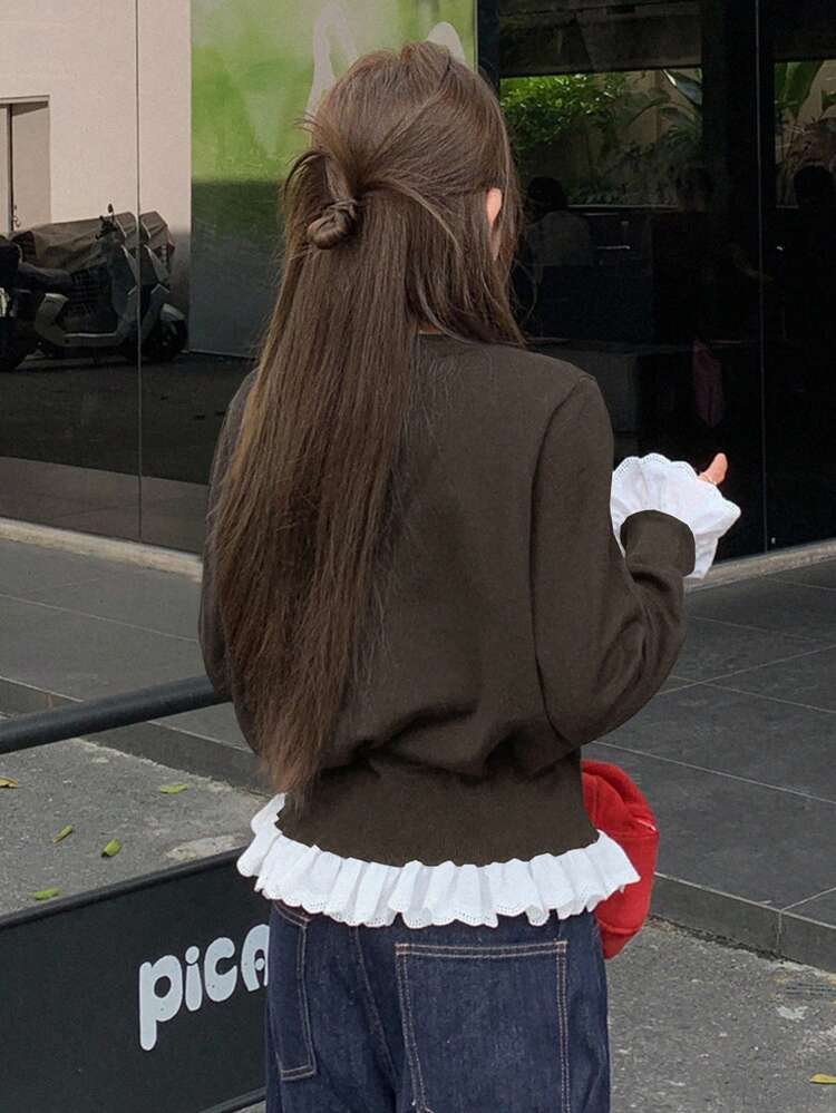 DAZY 패치워크 대비 색상 러플 스플라이스 긴 소매 라운드 넥 드로스트링 타이 캐주얼 스웨터 여성용, 가을/겨울 - 브라운 - 보기 5