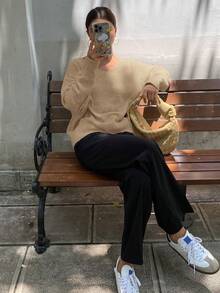 DAZY Women's Casual Loose Fit Solid Color V-Neck Long Sleeve Sweater - Apricot - View 3