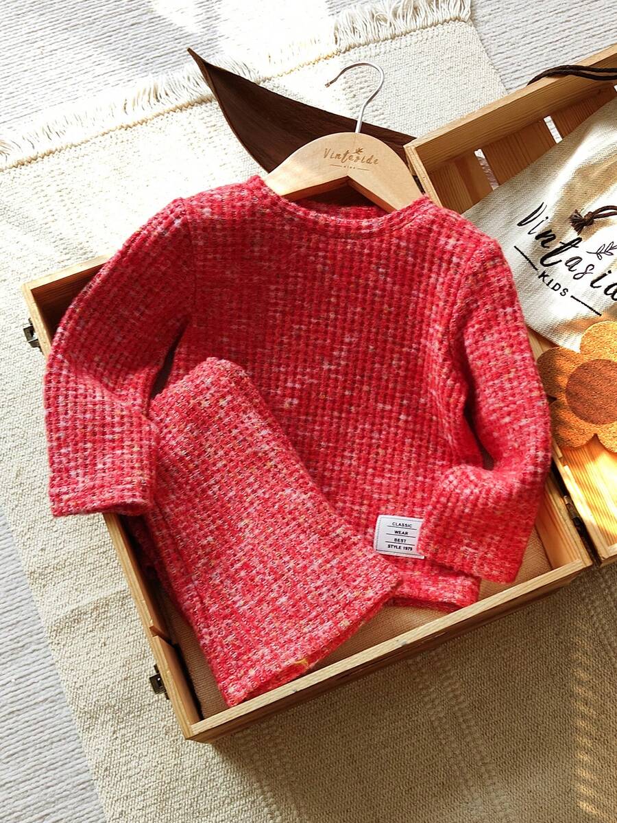 SHEIN Vintaside Kids 2 件套女婴休闲彩虹长袖上衣和裤子套装,适合春秋冬季日常穿着 - 紅色 - 查看 1