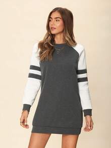 Coeurva Spring Musical Grey Colorblock Sweatshirt Dress With Long Raglan Sleeves,Long Sleeve Tops Graduation,Back To School Outfits,Graduation,Teacher Outfits For Women,Back To School In Fall/Winter - Grey - View 7