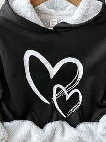 SHEIN Teen Girls Heart Pattern Long Sleeve Thermal Lined Sweatshirt, Suitable For Autumn/Winter - Black - View 5