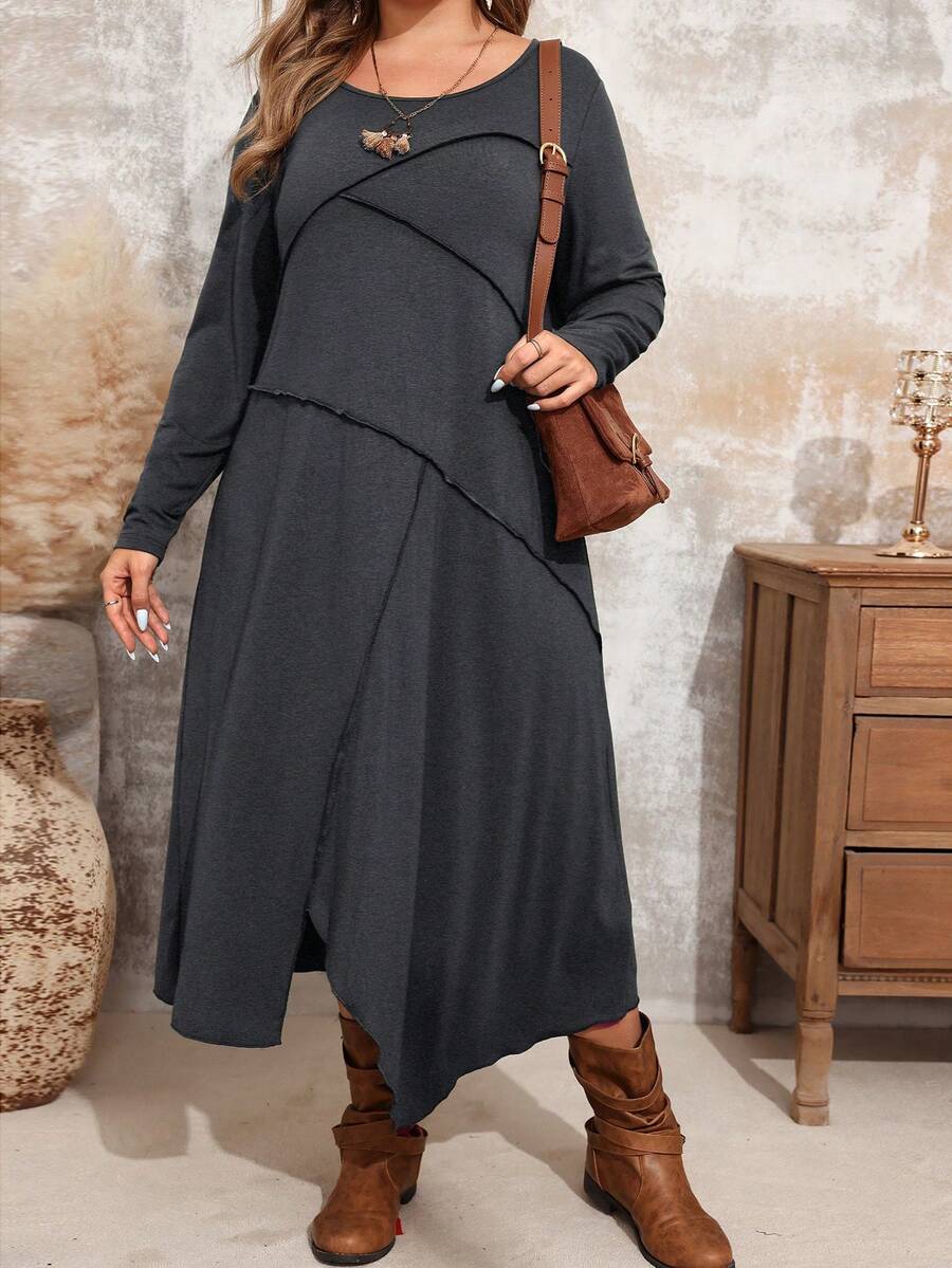 EMERY ROSE 大码休闲圆领长袖时尚舒适秋季连衣裙 - 深灰色 - 查看 1