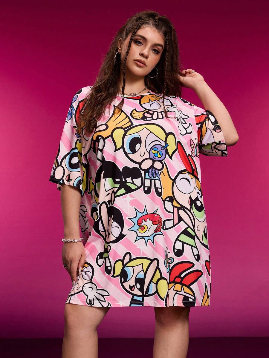 THE POWERPUFF GIRLS X SHEIN Plus Size Summer Casual Cute Blossom, Bubbles, Buttercup Pattern Short Sleeve Dress Graphic Dress Plus Size Tshirt Dress Kawaii Plus Size Y2k Tee Dress - Multicolor - View 1