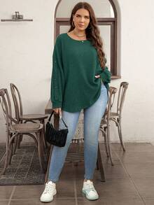 EMERY ROSE Camiseta de manga larga de punto acanalado de unicolor para mujer de talla grande