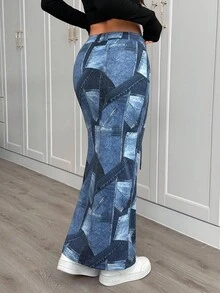SHEIN PETITE 女式休闲拼布印花牛仔迷你裙 四季休闲度假装 牛仔风格拼布设计水洗针织牛仔裙 - 中等水洗藍 - 查看 2