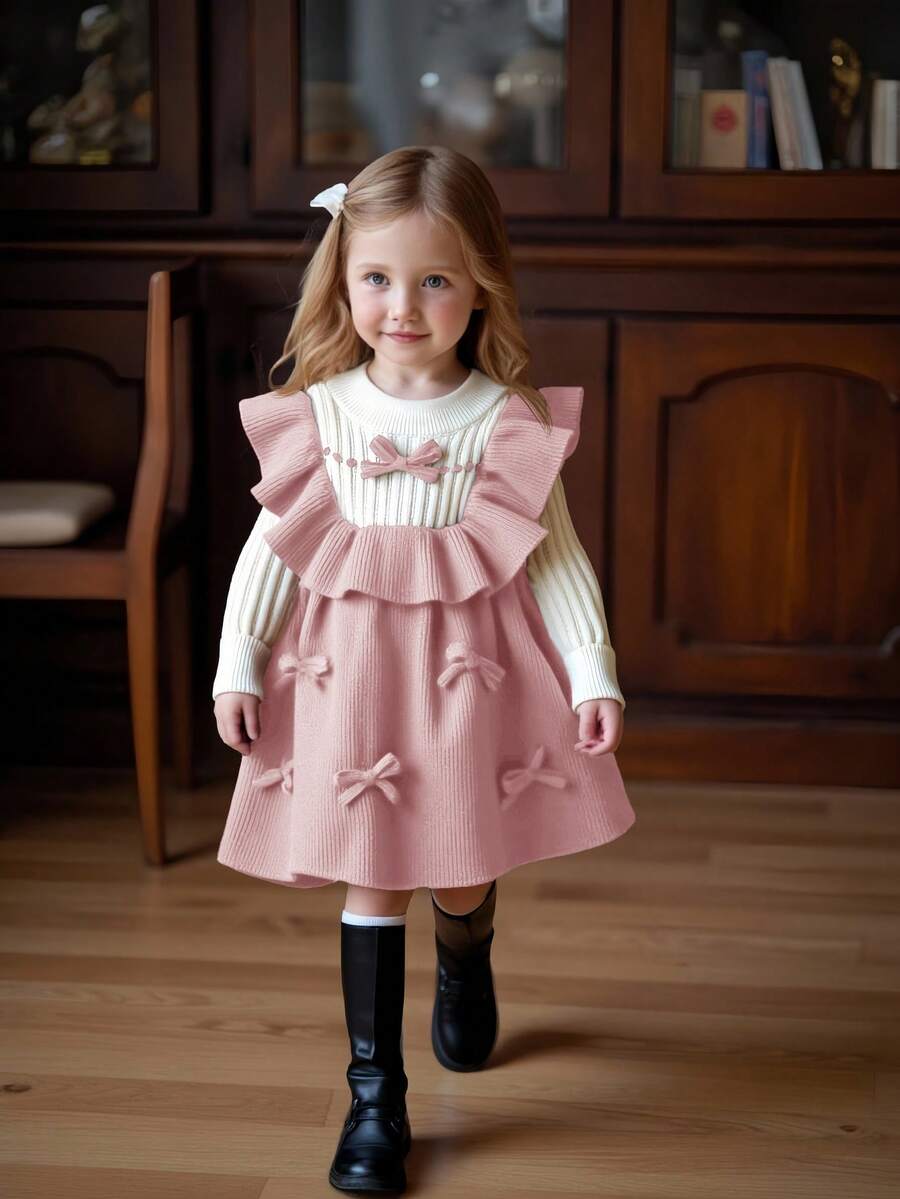 SHEIN Vestido de punto con bloqueo de color y decoración de lazo para bebé niña, adecuado para otoño/invierno - Rosa Pálido - Ver 1