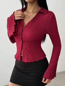 Flirla Women's Solid Color Single-Breasted Casual Flared Sleeve Blouse, Spring And Summer, Fall Clothes Women Shirt - Burgundy - View 6