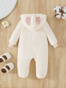 SHEIN Newborn Baby Girl 3D Ear Design Hooded Zipper Front Footed Jumpsuit - Beige - View 2