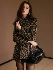 MOTF PREMIUM LEOPARD PRINT PEAK COLLAR DOUBLE BREASTED PLACKET BLAZER , FALL WINTER - Coffee Brown - View 5
