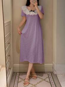 DAZY 女式波尔卡圆点印花荷叶边领蝴蝶结装饰短袖宽松睡袍 - 紫色 - 查看 4