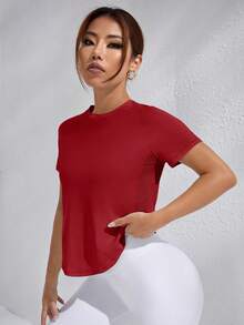 Powerista Women's Solid Color Round Neck Raglan Short Sleeve Athletic T-Shirt Gym Shirts - Red - View 6