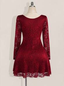 SHEIN ICON 大码女式甜心领蕾丝拼接长袖优雅连衣裙 - 紅色 - 查看 2