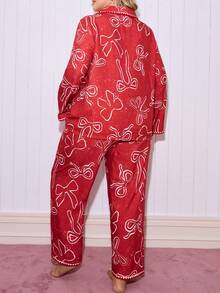 SweetSlumber 加大码可爱蝴蝶结泡泡褶皱睡衣套装，适合女性，圣诞节、秋冬季穿着 - 彩色 - 查看 2