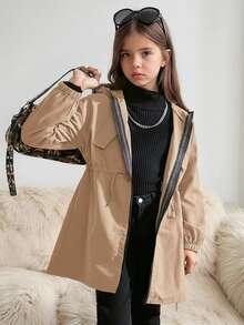 SHEIN 少女休閒連帽口袋中長版風衣冬外套，適合通勤與戶外穿著，春秋款奢華風衣外套 - 卡其色 - 查看 7