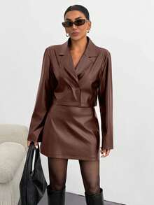 EURMUSE 2 Pcs, Solid Pu Leather Jacket & Skirt For Autumn - Brown - View 4