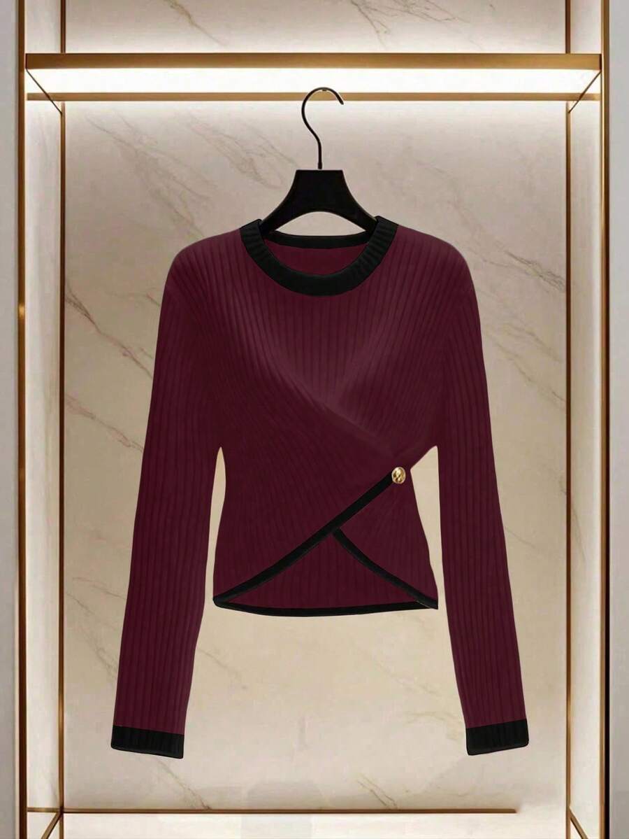 Franclia Sweater Pullover Leher V Berlapis Putih Elegan dan Unik Terbaru untuk Wanita, Musim Gugur/Dingin - Burgundy - View 1
