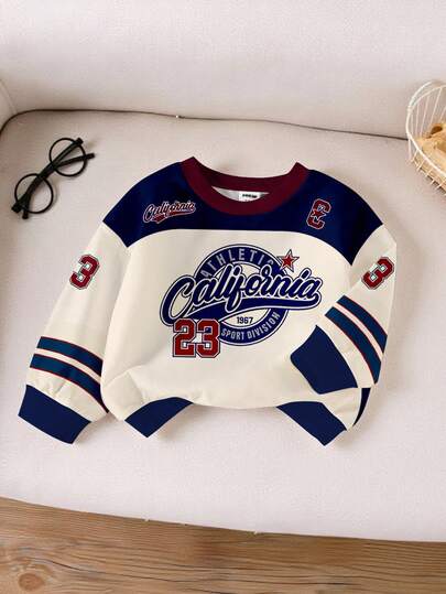 SHEIN 小男孩休闲运动风格数字 23 和加州字母印花圆领运动衫，秋季服装，舒适易穿，秋冬
