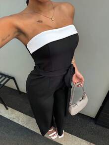 DAZY 女士撞色拼接抹胸阔腿连体裤，女士家居服套装 - 黑色 - 查看 6