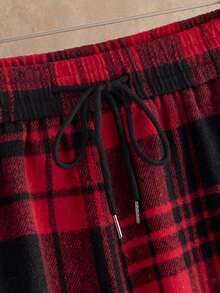 Manfinity NXTstreet 男士休闲格子印花抽绳裤，圣诞节黑色和红色法兰绒裤，冬季 - 紅色 - 查看 3