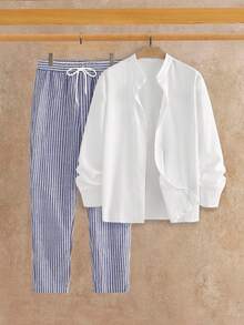 HIMLAND Herren Set mit lässigem Langarmhemd und gestreifter Hose, Herbst-Brunch-Outfit für Herren, Manfinity-Männer, Herren-Hemd-Co-Ords, gestreifte Hose, Herren, europäische Sommer-Outfits für Männer, Set aus Leinenhosen für Männer