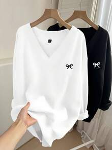 Comfortcana 2 Stücke Schlupfkleid-Set in Große Größen mit Schleifendruck, V-Ausschnitt, locker, warm, geeignet für Herbst & Winter, K-Pop Kleidung, süße Langarm Oberteile, Schleifen Pullover, Damen Sweatshirts, Pullover Oberteile, süße Oberteile mit Grafik