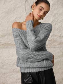 Modelyn Women's Asymmetrical Shoulder Sweater With Tie Neck - Grey - View 2