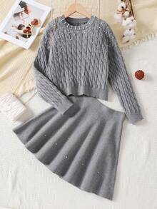 SHEIN Tween Girl 休闲优雅珍珠串珠宽松长袖纹理针织高领毛衣和荷叶边下摆喇叭形中裙套装，麻灰色