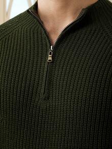 Manfinity Bizformal Herren einfarbiger Raglan-Ärmel Reißverschluss Lässig Pullover, Herbst/Winter - Dunkelgrün - Übersicht 4