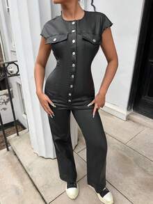 Jeanoix YK2 时尚派对风格宽肩开衫纽扣连体裤 - 黑色 - 查看 4