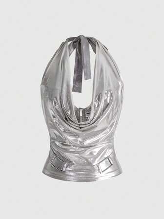 ROMWE Avant توب نسائي بياقة عميقة على شكل V مطلي بالفضة بأكمام بلا أكمام 2 في 1 للنساء