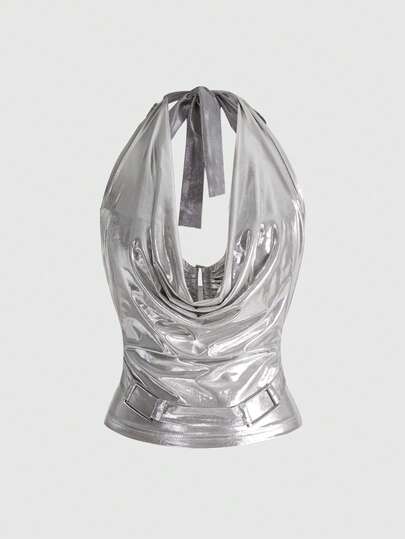 ROMWE Avant Top ras-du-cou 2 en 1 sexy à col en V profond avec encolure plongeante en métal argenté vintage sans manches pour femmes