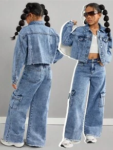 SHEIN 2 piezas Conjunto informal de moda para niñas preadolescentes Y2k, estilo vintage y cool, de vuelta a la escuela y universidad, compuesto por una chaqueta corta de mezclilla azul y unos cómodos y sueltos jeans con bolsillos, para ropa de diario y atuendos de otoño e invierno, fiestas y festivales, ropa de calle para niñas preadolescentes