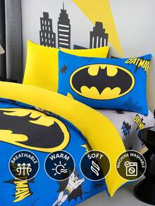 BATMAN X SHEIN 3pcs Blue Bat Cartoon Pattern Quilt Cover Set, Sanded Material, Soft And Warm, Multiple Sizes, Suitable For Single Bed/Double Bed/Queen Bed/King Bed