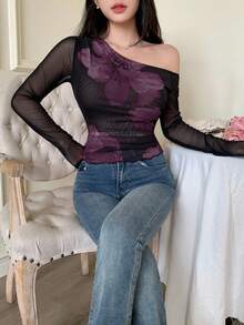 Modelyn Women's Solid Color Mesh Contrast Mesh Print Asymmetric Ruched Minimalist Sexy T-Shirt - Purple - View 7