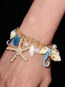 Y2Kool 1pc Bohemian Style Alloy & Pearl Decor Starfish Bracelet For Women, Summer Beach - Royal Blue - View 5