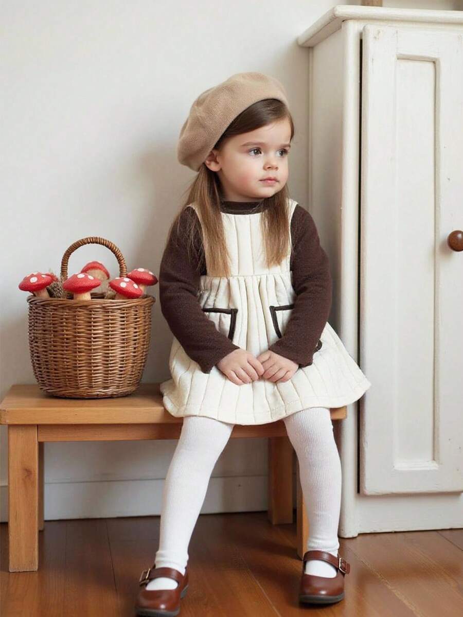 Souflis Souflis 2pcs/Set Baby Girl Casual Quilted Sleeveless Dress & Turtleneck Long Sleeve Thick T-Shirt Outfit, Suitable For School, Outings And Playtime - Multicolor - View 1