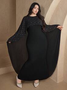 Dazy Plus Plus Size Women Crew Neck Black Autumn Elegant Formal Dinner Evening Patchwork Sequin 2 In 1 Fitted Maxi Dress,Prom Carnival Sparkly Party Dresses - Black - View 4