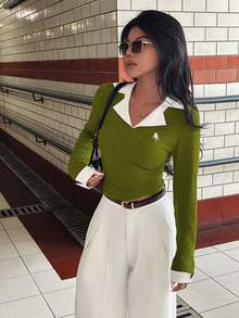 INAWLY Plus Size Women Casual Colorblock Patchwork Top, Autumn - Green - View 7