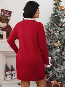 Elenzga Christmas 1pc Women Plus Size Lace Patchwork Asymmetrical Collar & Metal Button Decor Long Sleeve Elegant Fitted Sweater Dress - Red - View 2