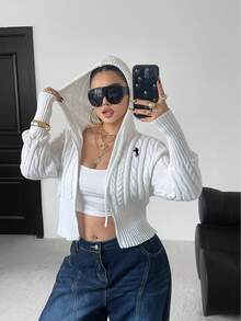 POPSWAY Plus Size Women Cute Casual Solid Color Cable Knit Hooded Cropped Zip-Up Cardigan With Drawstring, Autumn/Winter - White - View 7
