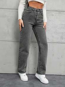 SHEIN Tall TALL Size100%Cotton Slant Pocket Straight Leg Jeans - Light Grey - View 3
