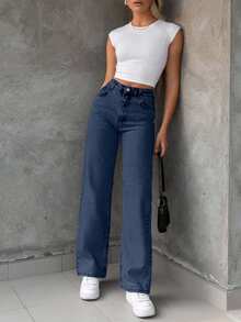 EURMUSE 100%Cotton Bleach Wash Straight Leg Jeans - Dark Wash - View 5